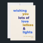 Cartes Pour Fêtes Annuelles Drôle Hanoukka Love Latkes Lights Blue Custom<br><div class="desc">Célébrez le Festival des Lumières avec un sourire en utilisant cette drôle de carte de vacances Hanoukka, avec l'expression ludique Love Latkes and Lights sur un arrière - plan bleu gai. Personnalisable et plein d'esprit festif, cette carte est parfaite pour partager la joie des vacances avec humour. Que vous envoyiez...</div>