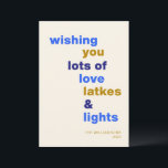 Cartes Pour Fêtes Annuelles Drôle Hanoukka Love Latkes Lights Blue Custom<br><div class="desc">Célébrez le Festival des Lumières avec un sourire en utilisant cette drôle de carte de vacances Hanoukka, avec l'expression ludique Love Latkes and Lights sur un arrière - plan bleu gai. Personnalisable et plein d'esprit festif, cette carte est parfaite pour partager la joie des vacances avec humour. Que vous envoyiez...</div>