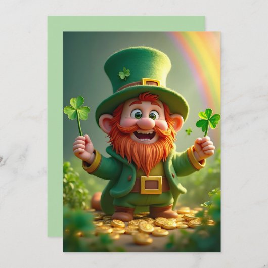 Cartes Pour Fêtes Annuelles Drôle leprechaun avec des shamrocks et des pièces (Devant / Derrière)