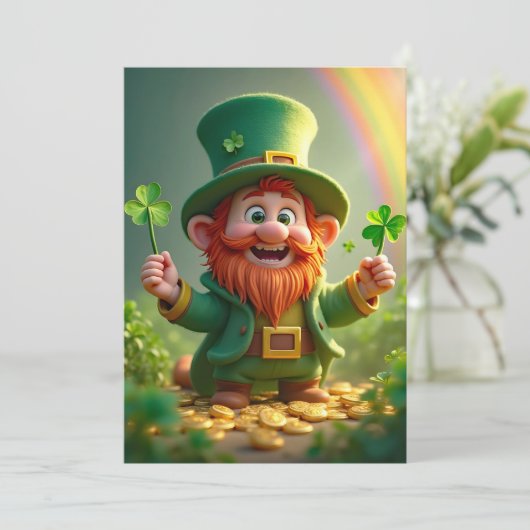Cartes Pour Fêtes Annuelles Drôle leprechaun avec des shamrocks et des pièces (Debout devant)