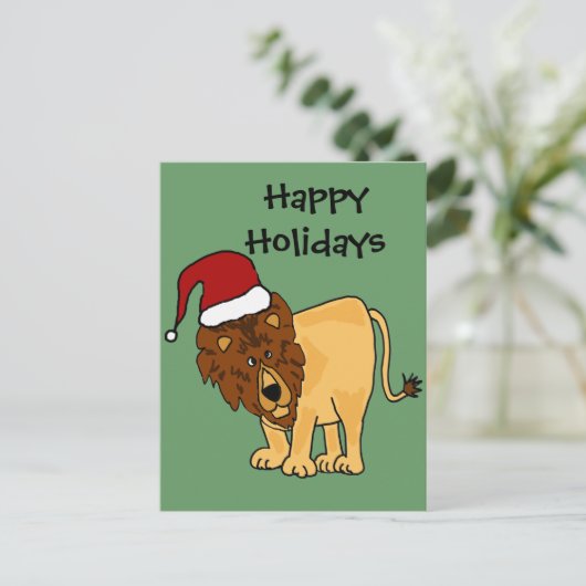 Cartes Pour Fêtes Annuelles Drôle Lion dans Santa Hat Caricature de Noël (Debout devant)