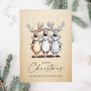 Cartes Pour Fêtes Annuelles Drôle Main dessinée Reindeers de Noël Entreprise
