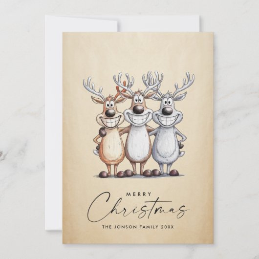 Cartes Pour Fêtes Annuelles Drôle Mains Tirées Reindeers de Noël (Devant)