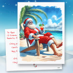 Cartes Pour Fêtes Annuelles Drôle Père Noël Profitez d'un cocktail sur la plag<br><div class="desc">Carte postale de Noël personnalisée. Une illustration d'aquarelle de Père Noël assis sur la plage buvant un cocktail. Carte postale de Noël mignonne pour les personnes considérées comme des oiseaux de neige qui se rendent en Floride ou dans d'autres régions tropicales pour profiter du temps chaud pendant les vacances.</div>