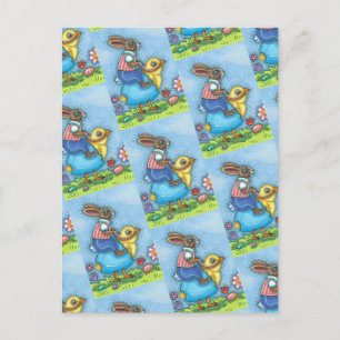 CARTES POUR FÊTES ANNUELLES EASTER BUNNY ÉQUITATION CUTE POULET EN OEUF BLEU,