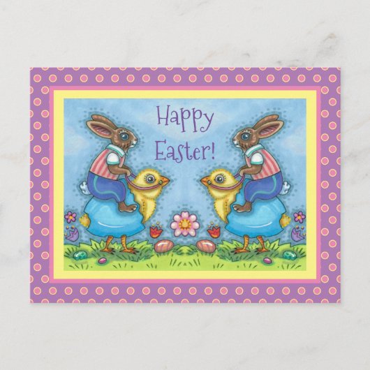 CARTES POUR FÊTES ANNUELLES EASTER BUNNY ÉQUITATION CUTE POULET EN OEUF BLEU,  (Devant)