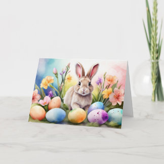 Cartes Pour Fêtes Annuelles Easter Bunny with Spring Flowers, Painted Eggs