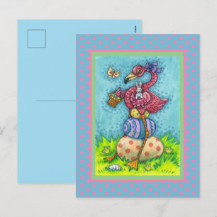CARTES POUR FÊTES ANNUELLES EASTER EGGS AND CUTE BABY PINK FLAMINGO WITH BUNNY