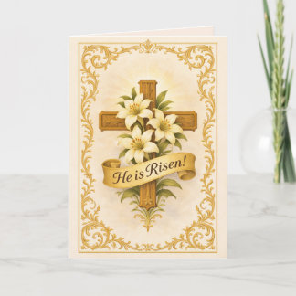 Cartes Pour Fêtes Annuelles Easter Gold  Cross Lilies He is Risen