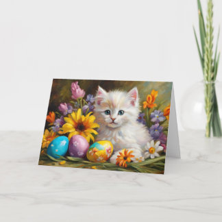Cartes Pour Fêtes Annuelles Easter Kitten with Flowers and Painted Eggs 