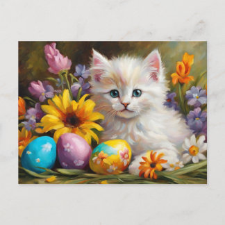 Cartes Pour Fêtes Annuelles Easter Kitten with Flowers and Painted Eggs 
