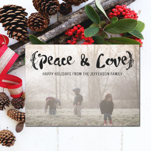 Cartes Pour Fêtes Annuelles Ebony Elegant Sketted Peace & Love Holiday Photo