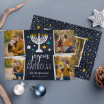 Cartes Pour Fêtes Annuelles Éclairage étoilé | Hanoukka Photo Collage Card<br><div class="desc">Festive Hanoukka carte photo présente quatre photos dans une mise en page collage,  avec "joyous Hanoukka" en lettres blanches sur un arrière - plan bleu marine agrémenté d'une menorah éclairée et d'étoiles blanches,  bleues et dorées. Personnalisez-vous avec vos noms en dessous,  et ajoutez une photo supplémentaire à l'arrière.</div>