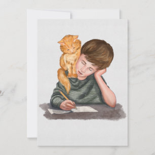 Cartes Pour Fêtes Annuelles Écriture de garçon, chat sur l'épaule, fait à la m