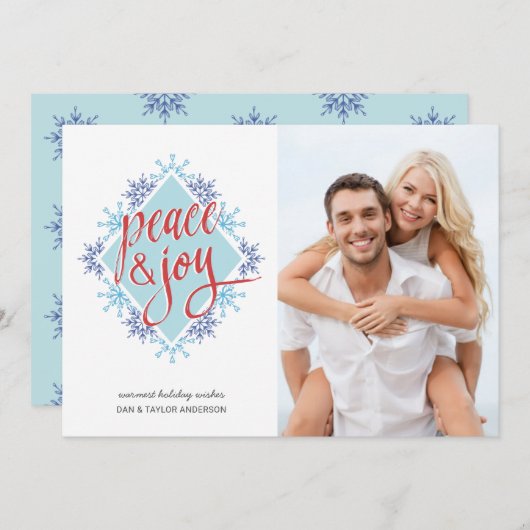 Cartes Pour Fêtes Annuelles Écriture manuscrite Peace & Joy sur les flocons de (Devant / Derrière)