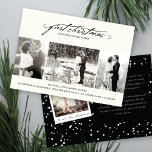 Cartes Pour Fêtes Annuelles Écriture manuscrite vintage Premier Mariage photo<br><div class="desc">Ce classique moderne faire-part de vacances / notre première carte de noël pour le couple marié nouveau dispose de 3 collage photo et une calligraphie manuscrite vintage avec texte serif dans les mots, 'Premier Noël Ensemble comme Mr et Mrs.' L'arrière comprend un motif de snowdots complet, une photo instantanée et...</div>