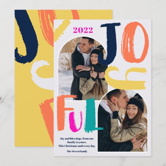 Cartes Pour Fêtes Annuelles Écriture moderne audacieuse 2 photos arch Joyful N (Devant / Derrière)