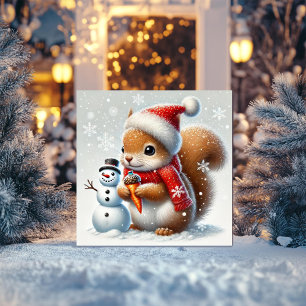 Cartes Pour Fêtes Annuelles Écureuil Cozy avec Bonhomme de Neige et Chapeau de