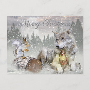 Cartes Pour Fêtes Annuelles Écureuil du loup mignon hiver Forêt de neige Noël