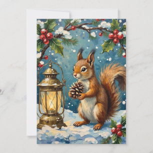 Cartes Pour Fêtes Annuelles Écureuil vintage avec lanterne de Noël hivernale