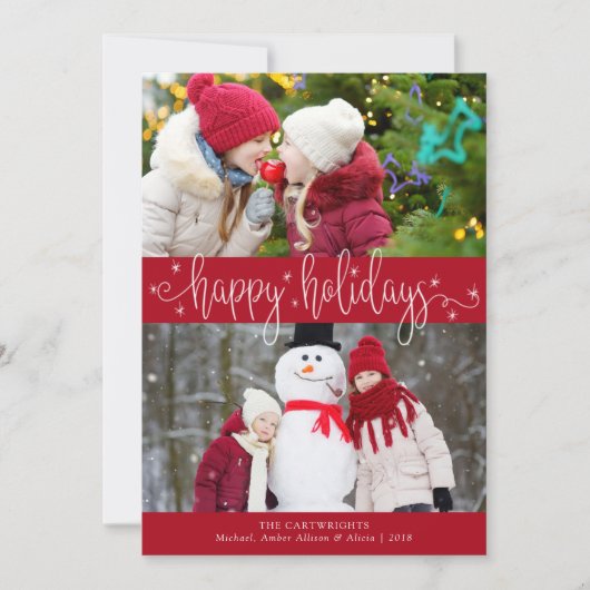 Cartes Pour Fêtes Annuelles Éditable Rouge et blanc Script HEUREUX VACANCES (Devant)