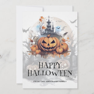 Cartes Pour Fêtes Annuelles Éffrayant Halloween Haunted House Bats Jack-O-Lant
