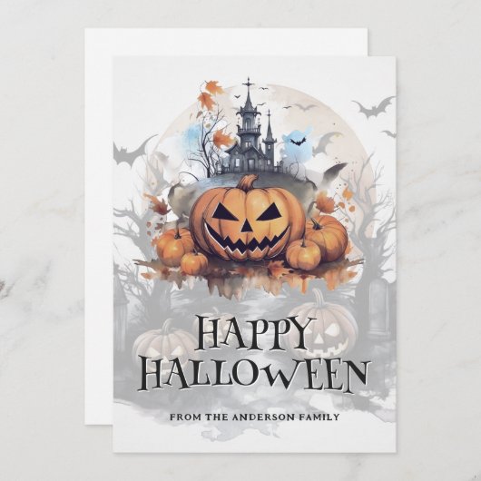 Cartes Pour Fêtes Annuelles Éffrayant Halloween Haunted House Bats Jack-O-Lant (Devant / Derrière)
