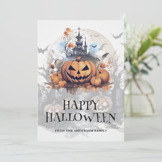 Cartes Pour Fêtes Annuelles Éffrayant Halloween Haunted House Bats Jack-O-Lant (Debout devant)