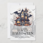 Cartes Pour Fêtes Annuelles Éffrayant Haunted House Bats Citrouille Halloween (Devant)