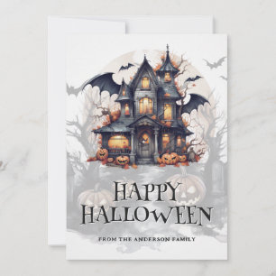 Cartes Pour Fêtes Annuelles Éffrayant Haunted House Bats Citrouille Halloween