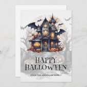 Cartes Pour Fêtes Annuelles Éffrayant Haunted House Bats Citrouille Halloween (Devant / Derrière)