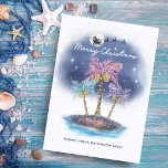 Cartes Pour Fêtes Annuelles Église tropicale de Santa Reindeer<br><div class="desc">Tropical,  beach theme Christmas card fea sparkling "sand" island,  palm trees decked out in string lights,  and Santa and reindeer flying across the magical night sky,  back-lit by the moon and stars. Artwork by KL Stock.</div>
