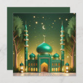 Cartes Pour Fêtes Annuelles Eid Mubarak Mosquée Croissant Étoiles Vert Or (Devant / Derrière)