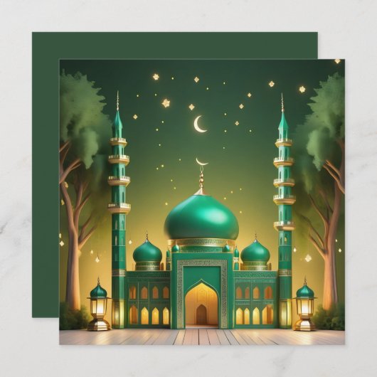 Cartes Pour Fêtes Annuelles Eid Mubarak Mosquée Croissant Étoiles Vert Or (Devant / Derrière)