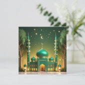 Cartes Pour Fêtes Annuelles Eid Mubarak Mosquée Croissant Étoiles Vert Or (Debout devant)