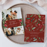 Cartes Pour Fêtes Annuelles Élégant 3 Photo Bourgogne Rouge Joyeux Noël<br><div class="desc">Cette collection présente des fleurs rouges aquarelles,  des baies et de la verdure hivernale avec une typographie moderne et élégante,  avec un motif botanique d'hiver.</div>