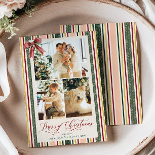 Cartes Pour Fêtes Annuelles Elégant 3 Photo Joyeux Noël Vintage Stripe Bow