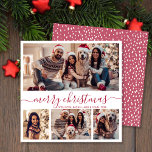 Cartes Pour Fêtes Annuelles Elégant 4 Photo Collage Rouge Script neige Noël<br><div class="desc">Calligraphie moderne minimaliste élégante Blanc et Rouge 4 Collage photo Joyeux Noël Calligraphie Script Carte de vacances. Ce modèle festif, mimimaliste, fantasque de quatre (4) cartes de vacances photo présente un joli collage photo et dit "Joyeux Noël"! Le texte de salutation "Joyeux Noël" est écrit dans une belle main en...</div>