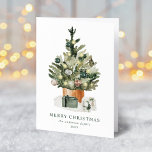 Cartes Pour Fêtes Annuelles Elégant Aquarelle Arbre de Noël non photo<br><div class="desc">Elégante carte de vacances non photo avec un arbre de Noël aquarelle festif orné de verres et entouré de cadeaux enveloppés. Personnalisez la carte en ajoutant un message d'accueil personnalisé, votre nom de famille et l'année. Ajoutez un message personnalisé à l'intérieur de la carte ou laissez vide pour écrire le...</div>
