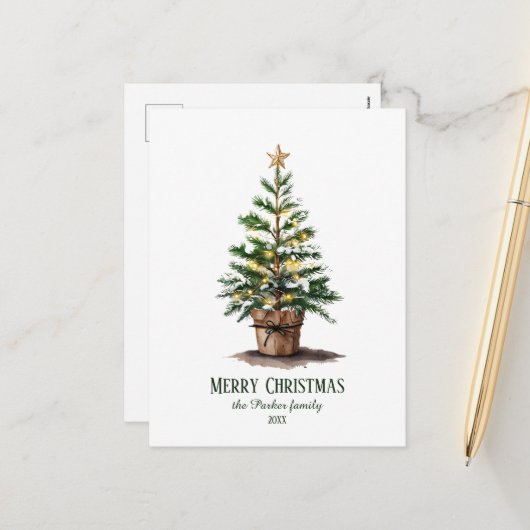 Cartes Pour Fêtes Annuelles Elégant Aquarelle Arbre de Noël, Souhait de coeur (Devant/Arrière en situation)