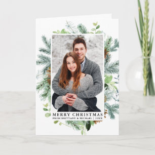Cartes Pour Fêtes Annuelles Elégant aquarelle Pine Frame Couple Photo Plier