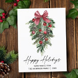 Cartes Pour Fêtes Annuelles Élégant Aquarelle Pins Calligraphie Encre Script<br><div class="desc">Élégante Calligraphie moderne Encre Script Aquarelle Pins Végétation hivernale avec Bow Rouge Bourgogne Ornements de Noël,  cônes de pin et baies sèches Joyeuses Carte postale</div>