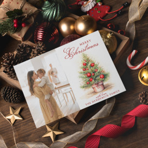 Cartes Pour Fêtes Annuelles Elégant arbre de Noël rouge aquarelle photo person