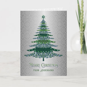 Cartes Pour Fêtes Annuelles Élégant Arbre de Noël Vert Argent Nom personnalisé