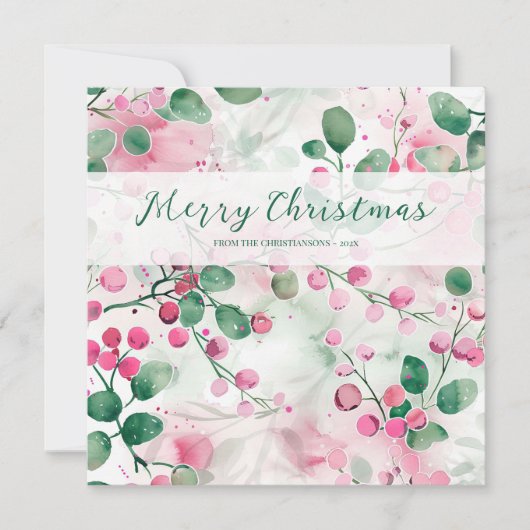 Cartes Pour Fêtes Annuelles Élégant Baies Roses Fleurs Noël (Devant)
