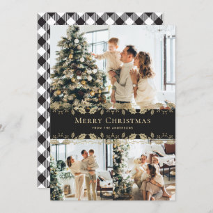 Cartes Pour Fêtes Annuelles Élégant Black Gold Holly Plaid Photo Noël