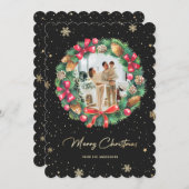 Cartes Pour Fêtes Annuelles Élégant Black Gold Snowflakes Wreath Photo (Devant / Derrière)