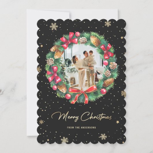 Cartes Pour Fêtes Annuelles Élégant Black Gold Snowflakes Wreath Photo (Devant)