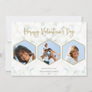 Cartes Pour Fêtes Annuelles Elégant Blanc + Gold Valentine's Day Triple Photo