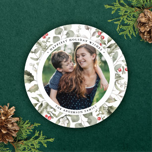 Cartes Pour Fêtes Annuelles Élégant blanc hiver verdure Wreath Photo Round